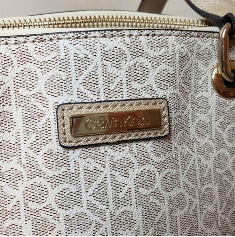 Calvin Klein Large Almond Monogram Satchel - Like New | Metallic Gold & Cream - Picture 5 of 16